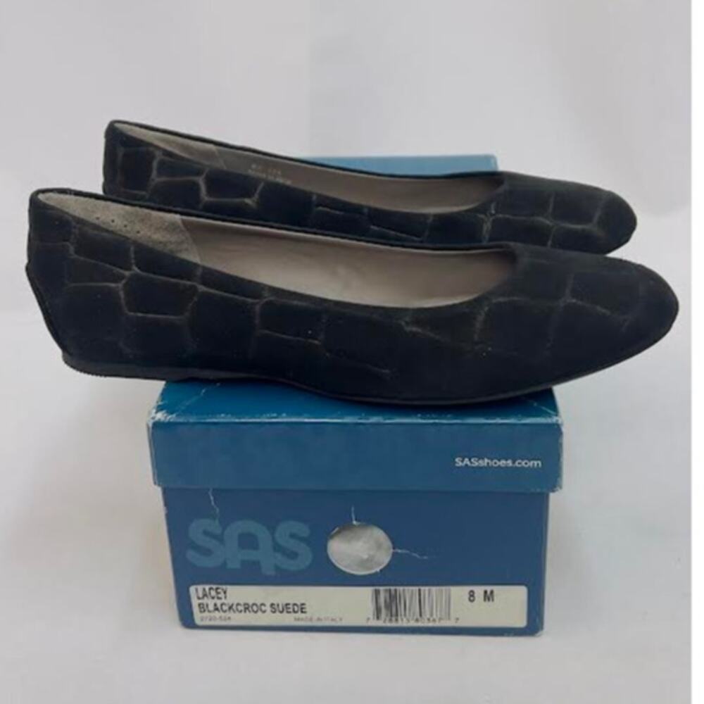 NWB! SAS Women's Lacey Ballet Flat Blackcroc Suede Size 8 M